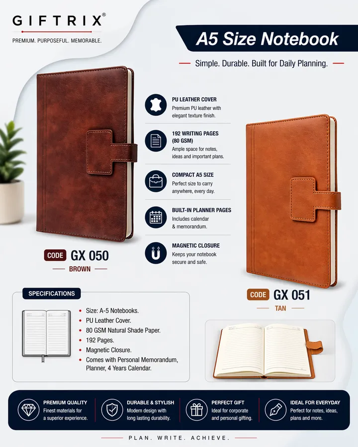 A5 Size Notebook with Magnetic Closure in brown and tan