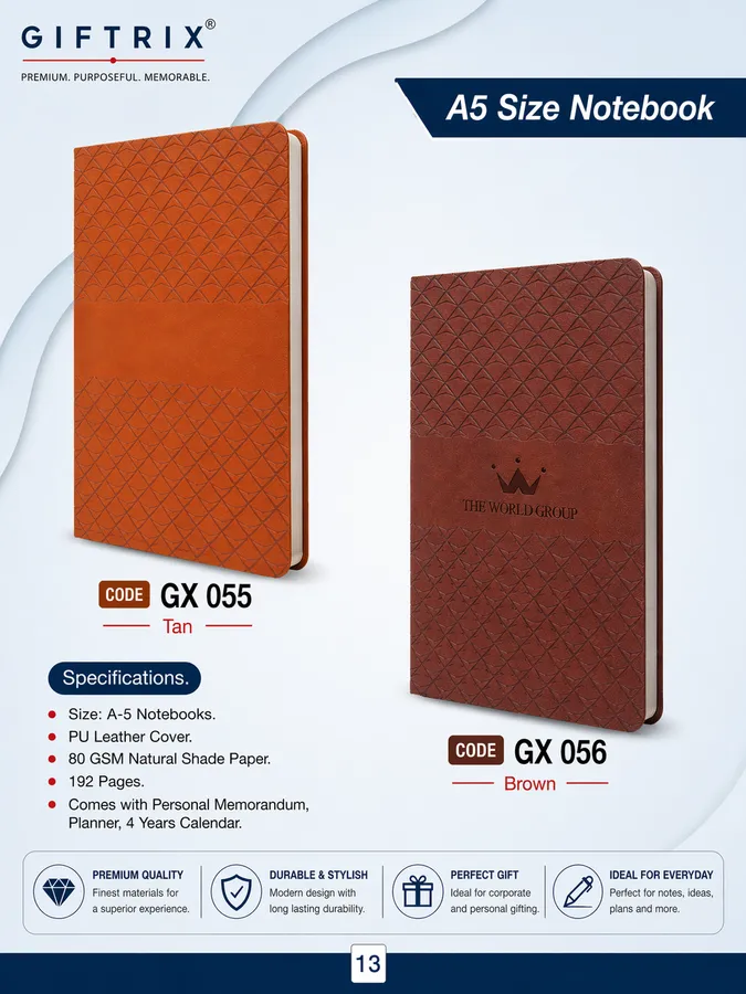 A5 Size Notebook with crown emblem in tan and brown