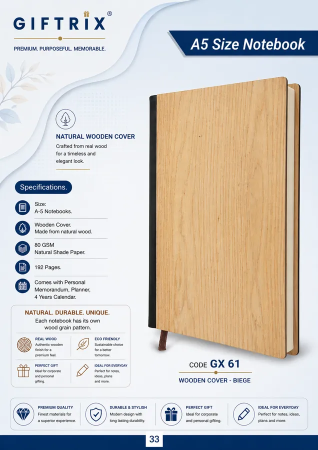 A5 Size Notebook with Wooden Cover in beige