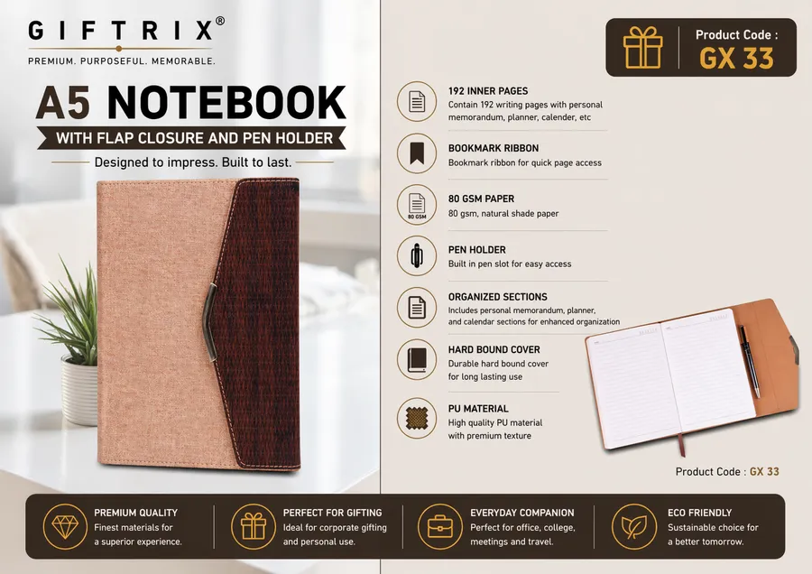 A5 Notebook with Flap Closure and Pen Holder in jute-texture
