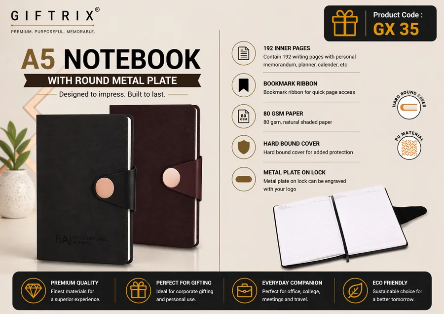 A5 Notebook with Round Metal Plate in black and brown