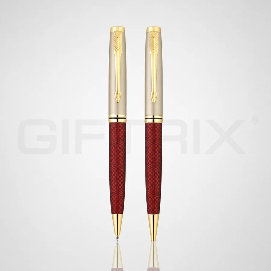 Red diamond pattern gold cap pen duo