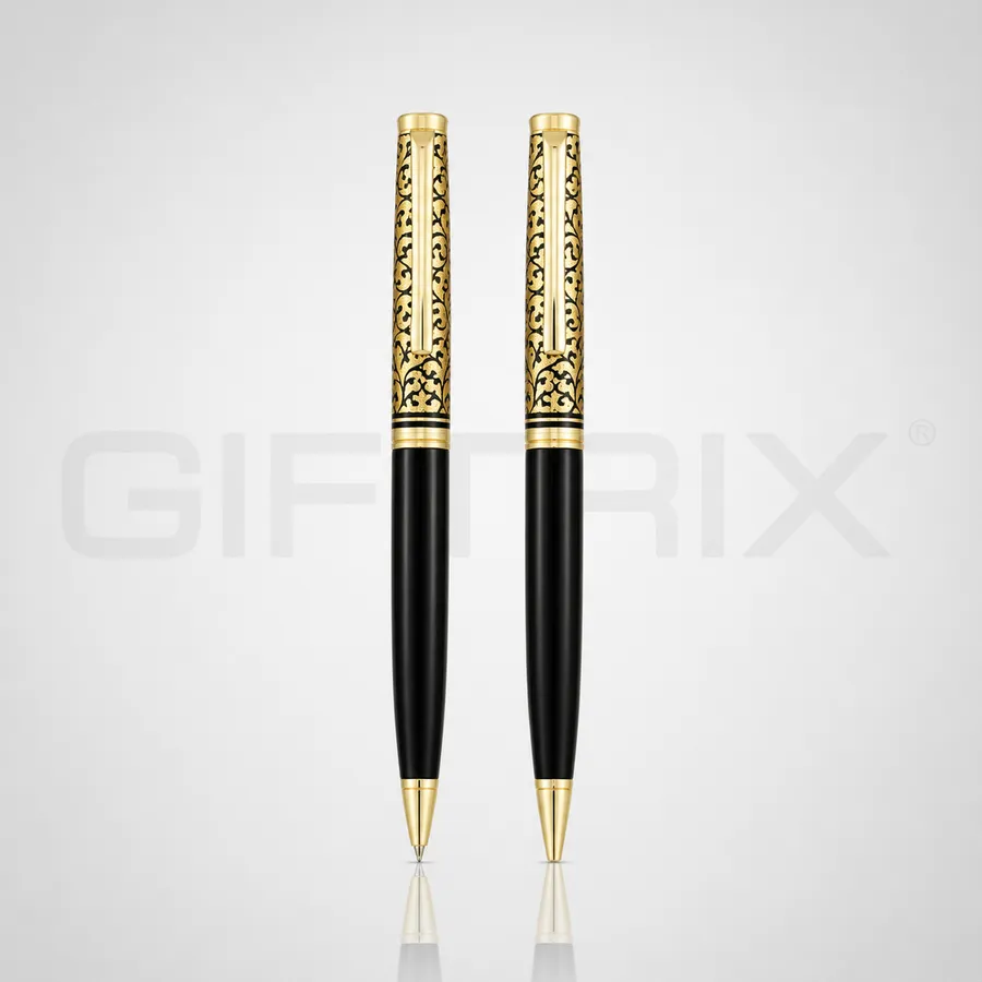 Filigree gold cap pen duo with engraved swirls